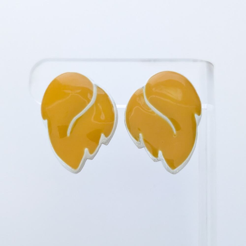 Vintage Clip On Earrings Mustard Yellow and White Leaf Like Statement
